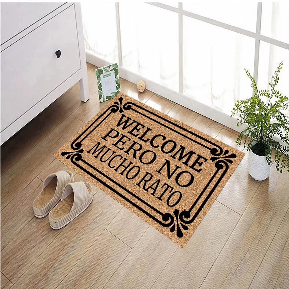 Paillasson humoristique bilingue espagnol-anglais 'Bienvenue Pero No Mucho Rato' pour entrée de porte d'entrée