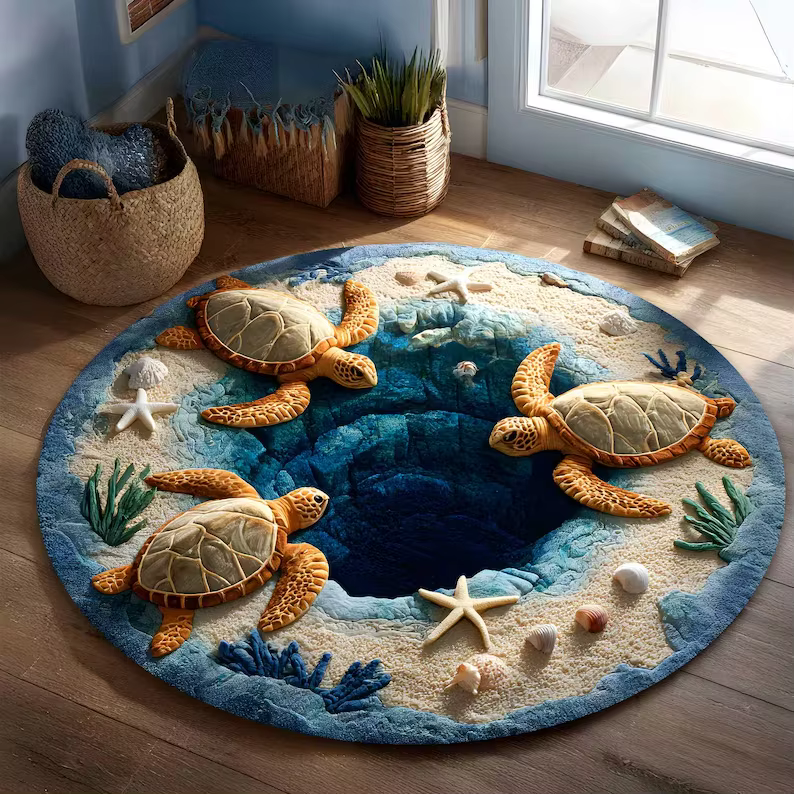 Tapis rond à effet 3D avec impression de tortue