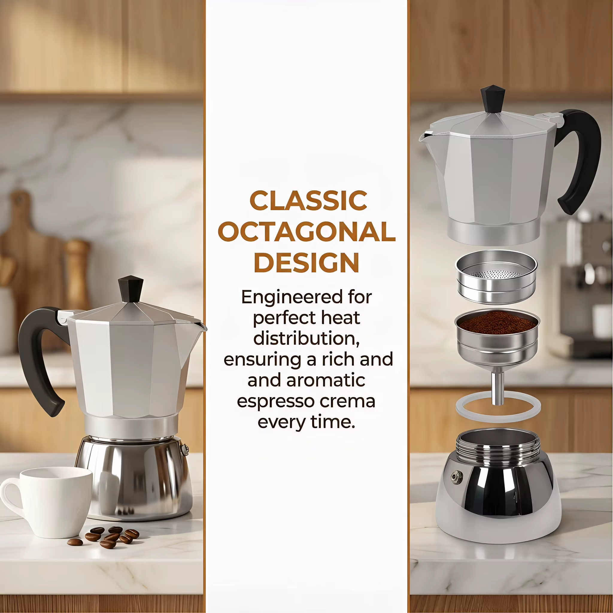 Cafetière Moka en aluminium et acier inoxydable 4/6. Pour la maison/le bureau/l'extérieur. Compatible avec l'induction et le gaz