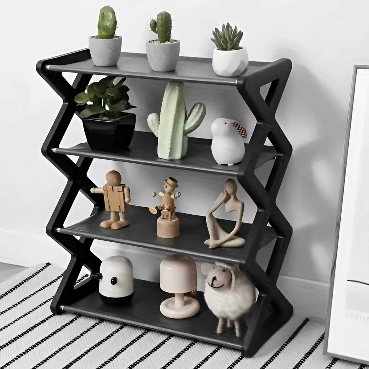 Étagère à chaussures 4 niveaux en X, multifonctionnelle et anti-poussière pour dortoirs, entrées, couloirs et chambres