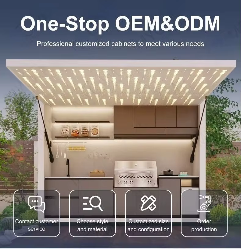 Cuisine extérieure modulaire personnalisée pour villa, meubles de cuisine pour maison d'hôtes, îlot barbecue extérieur, îlot barbecue de jardin