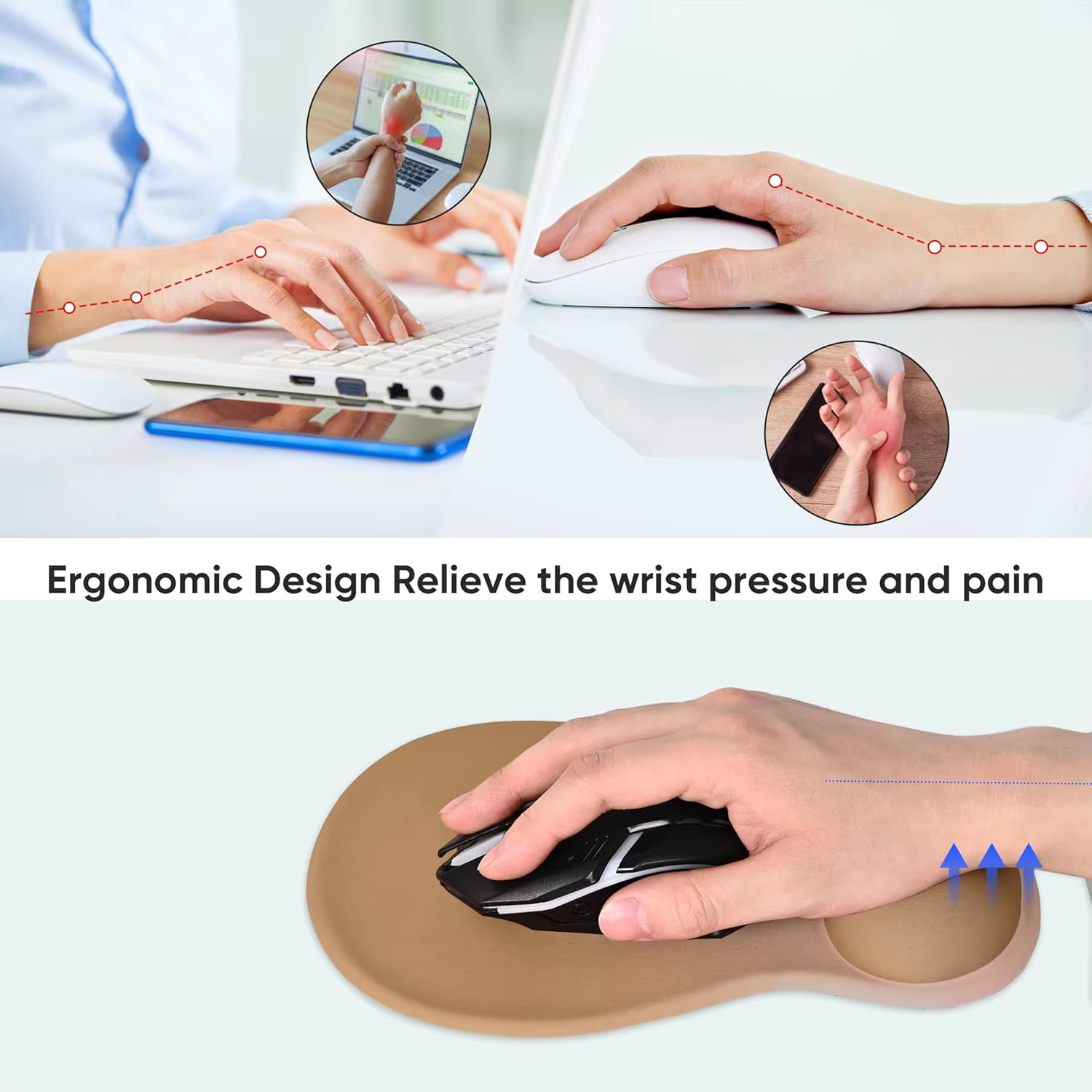 Tapis de souris ergonomique avec repose-poignet en gel, tapis de souris confortable pour le jeu, soulagement de la douleur, base antidérapante en PU pour ordinateur