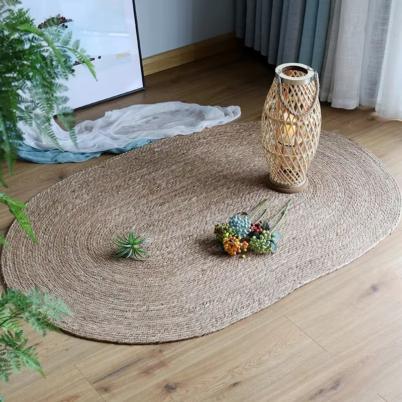 Tapis ovale en jute tressé, style bohème naturel, avec rayures blanches, lavable et antidérapant, pour salon et chambre.