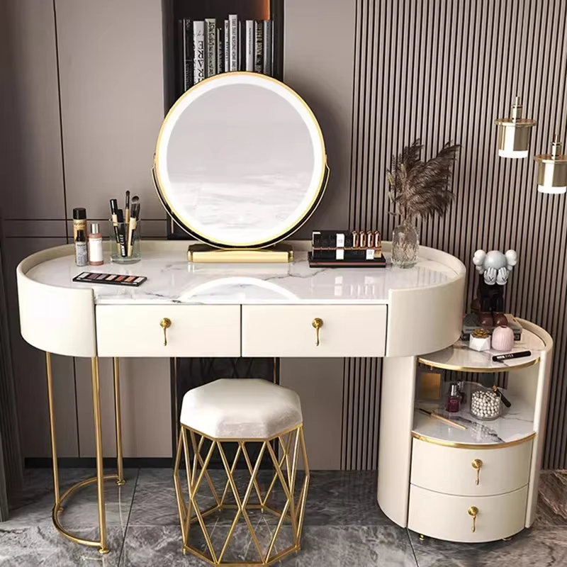 Grande coiffeuse d'angle moderne avec rangement, tiroirs de maquillage, console de luxe pour bijoux, mobilier de chambre à coucher