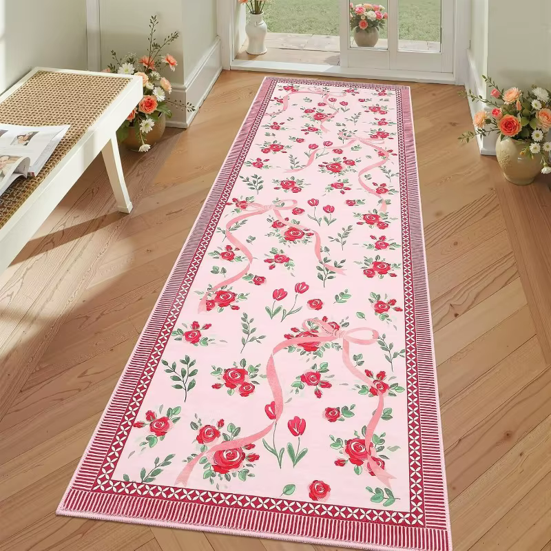 Tapis floral rose à nœuds multicolores