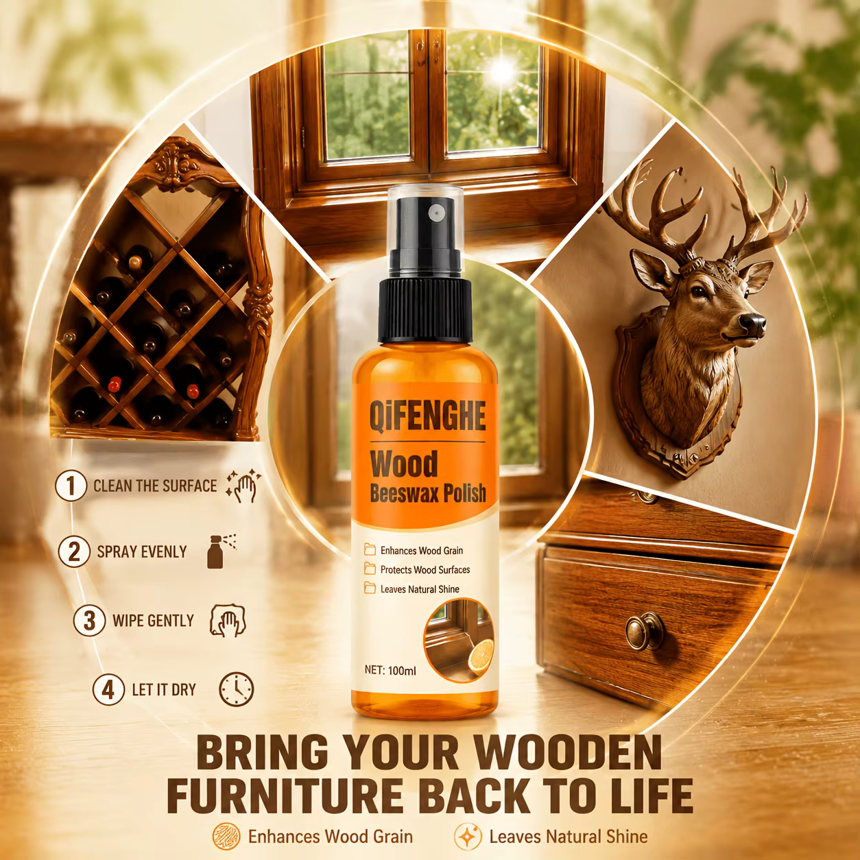 Cire et polissage pour bois multi-usages, éliminent les taches tenaces et lissent les rayures sur le bois clair, pour les surfaces des meubles en placage.