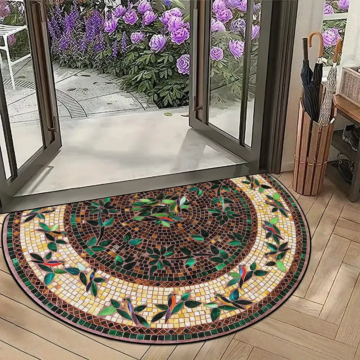 Tapis demi-lune à motif floral en mosaïque