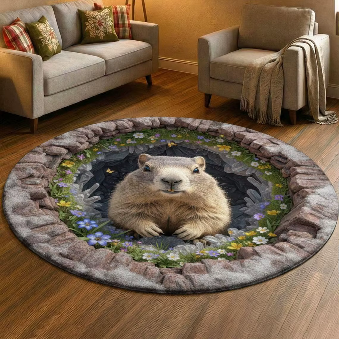 Tapis rond imprimé trou de lapin