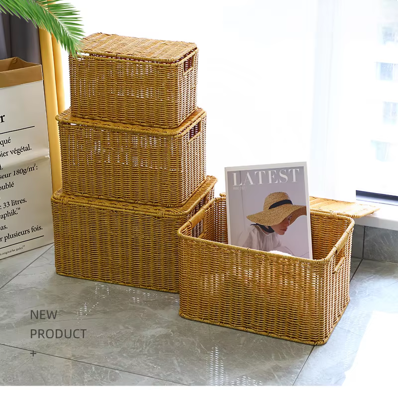 Nouvelle boîte de rangement - Chambre à coucher avec couvercle - Boîte organisatrice de vêtements - Imitation rotin tressé - Panier de rangement