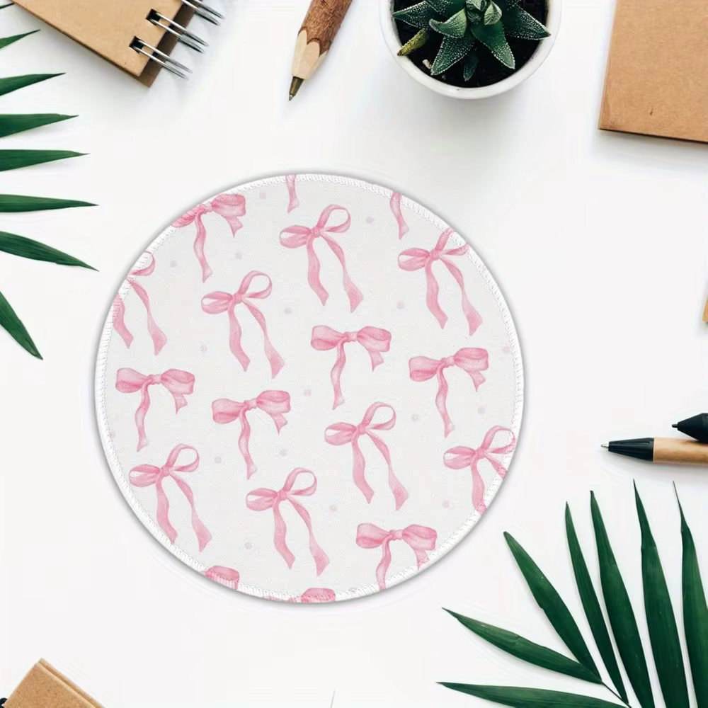 Tapis de souris rond rose avec nœud, antidérapant, en caoutchouc, lavable, accessoires de bureau, accessoire de bureau, tapis de souris, coussin de table d'ordinateur, tapis de bureau