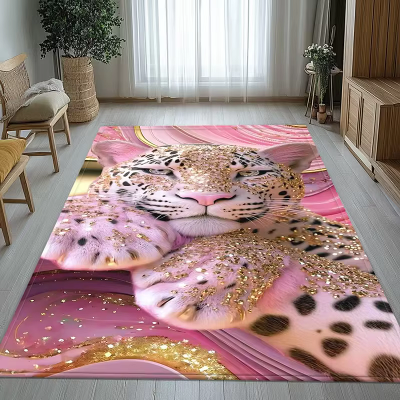 Tapis imprimé avec portrait de léopard rose artistique