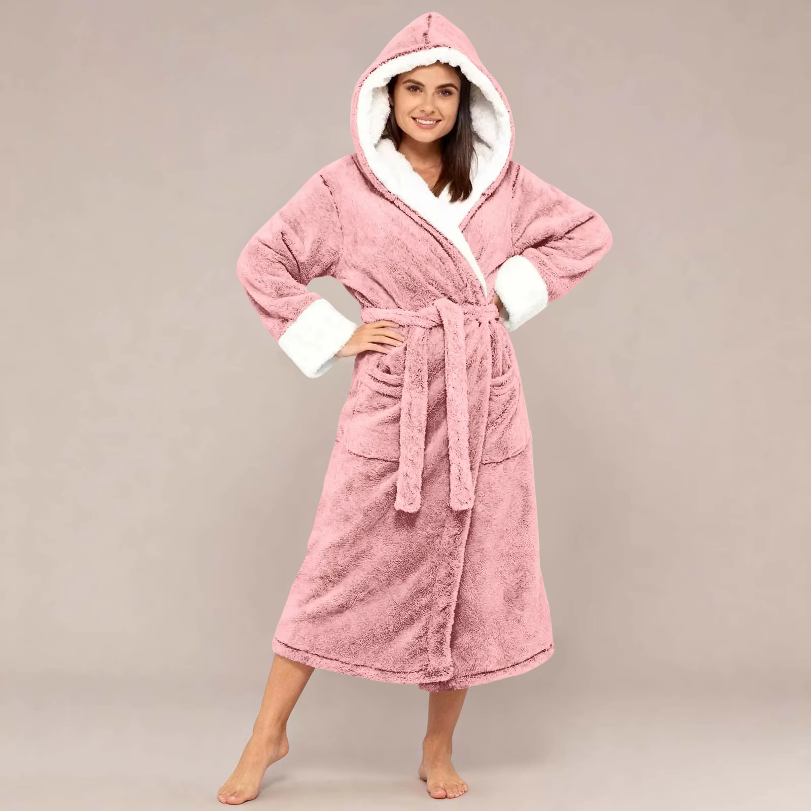 Peignoir à capuche pour femmes, taille réglable, chemise de nuit mi-longue, vêtements de maison pour dames, polaire épaisse, chaud à lacets, hiver