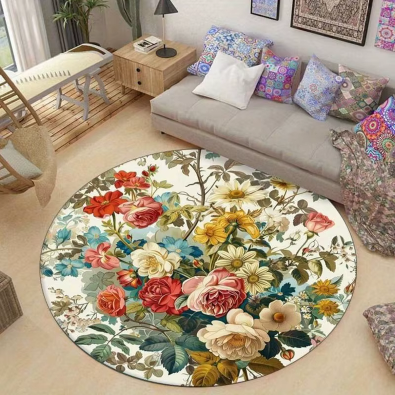 Tapis rond beige vintage à motif de petites fleurs sauvages roses