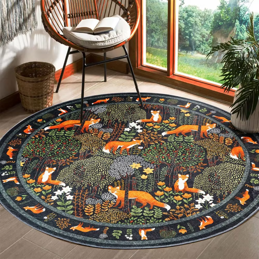 Tapis rond Forêt des Renards avec Renards Roux Oranges