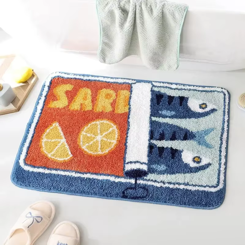 Tapis de bienvenue antidérapant en forme de boîte de conserve de sardines orange et bleue pour une décoration mignonne de cuisine et de maison