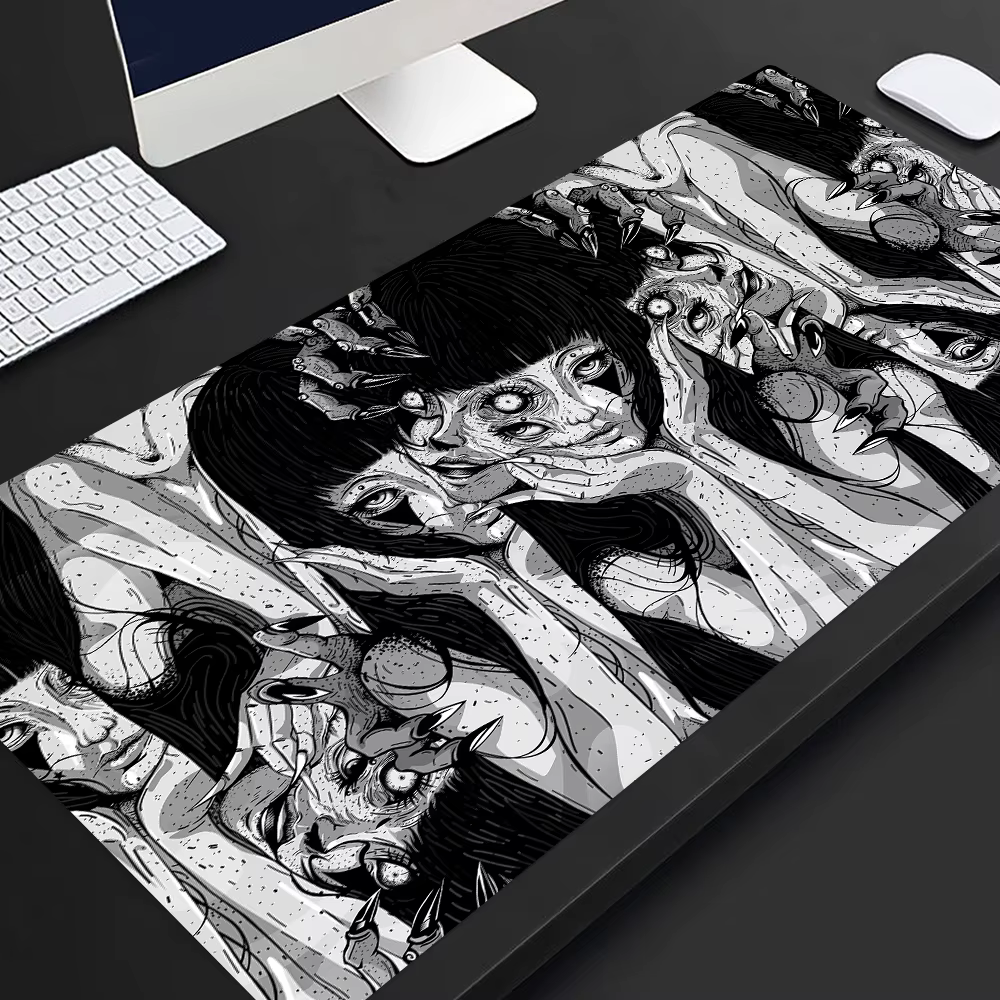 Tapis de souris noir et blanc, tapis de bureau HD mignon, tapis de clavier de jeu arc-en-ciel, grand média Gamer, collage Junji Ito, souris Anime Horror Sub