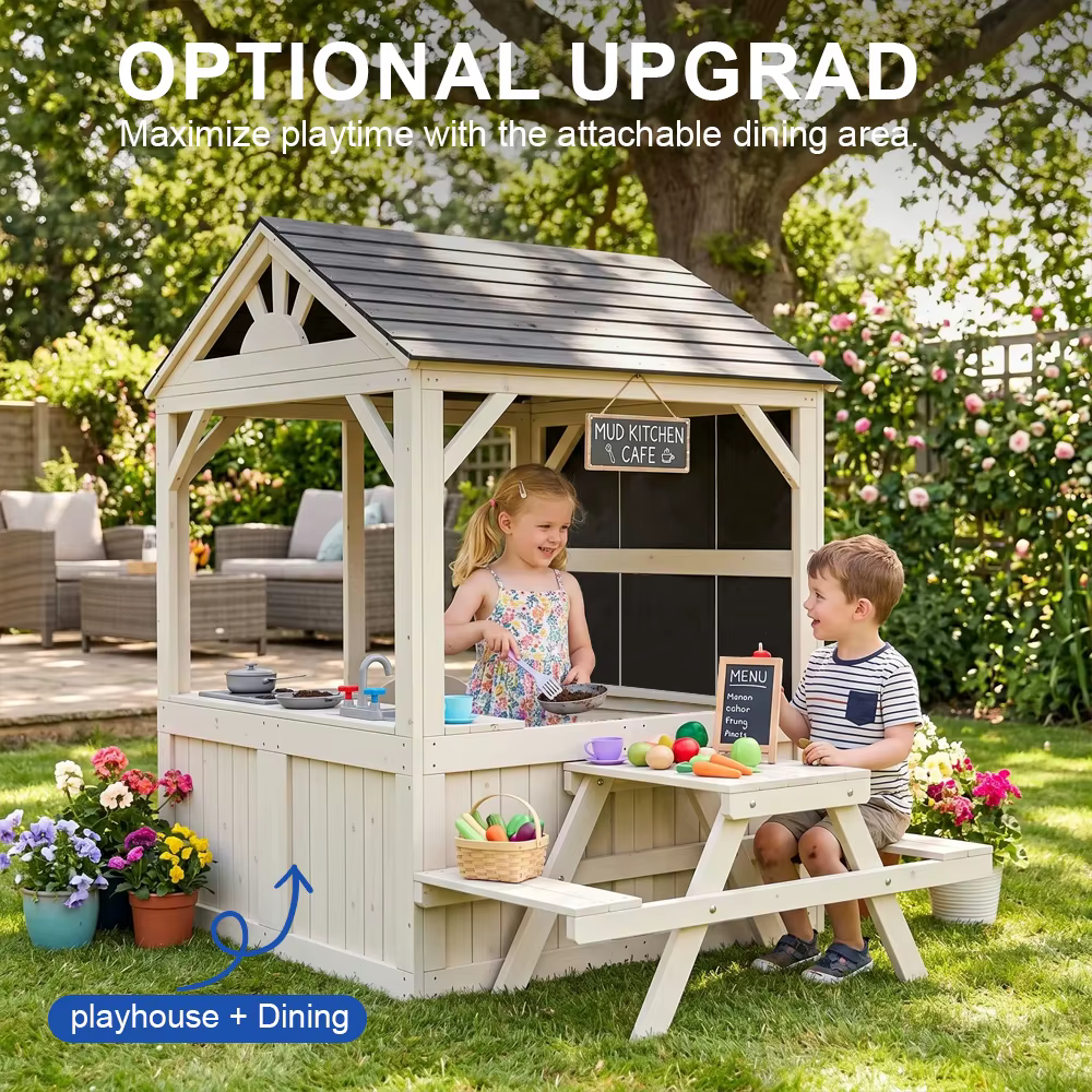 Mobilier de jardin, maisonnette pour enfants, aire de jeux, tables de pique-nique d'extérieur, ensemble de balançoires en toile, maisonnette en bois, cuisine jouet