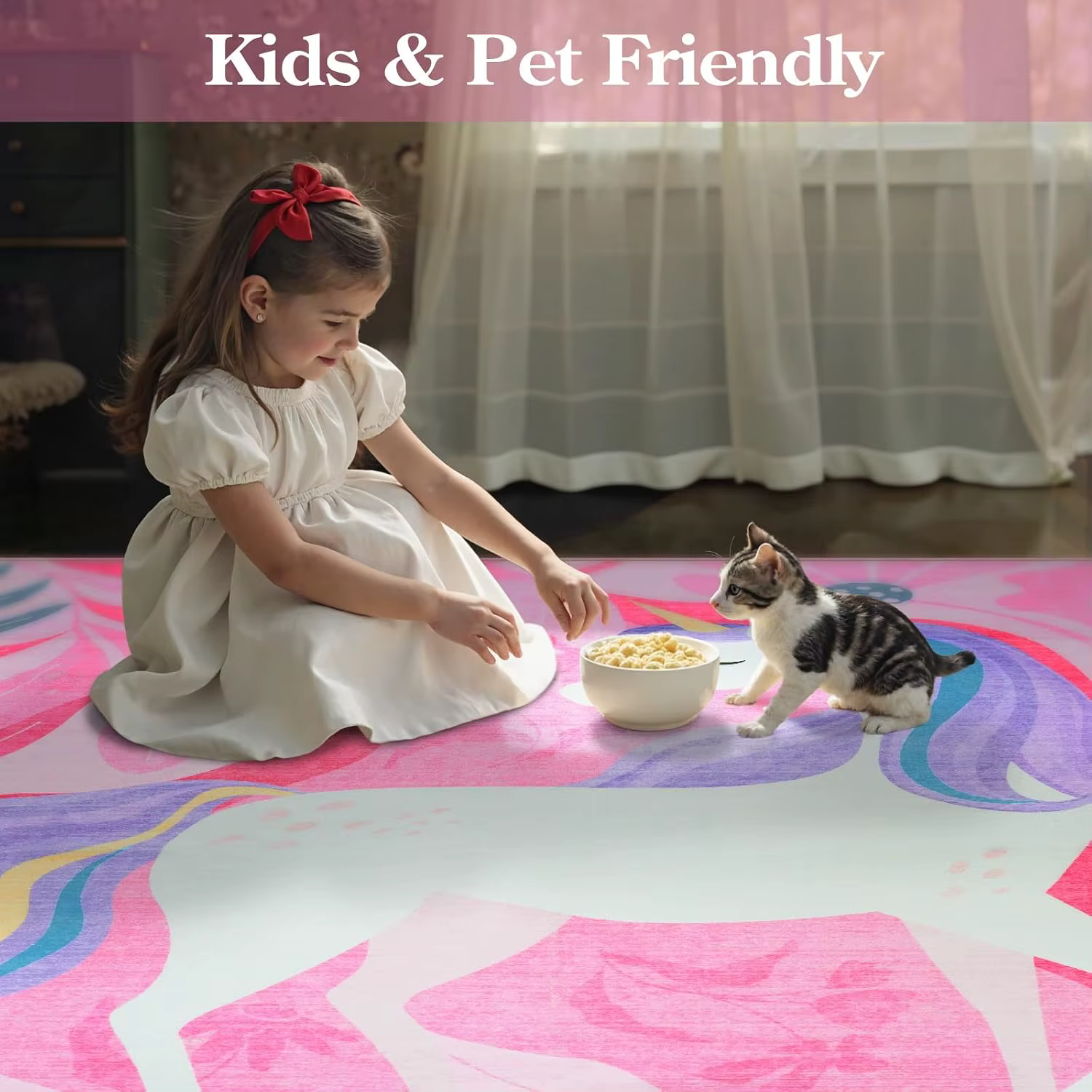 Tapis imprimé licorne à fleurs roses