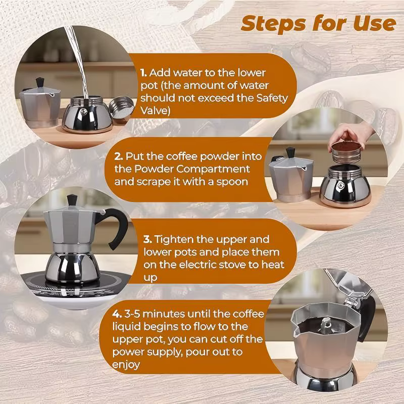 Cafetière Moka en aluminium et acier inoxydable 4/6. Pour la maison/le bureau/l'extérieur. Compatible avec l'induction et le gaz