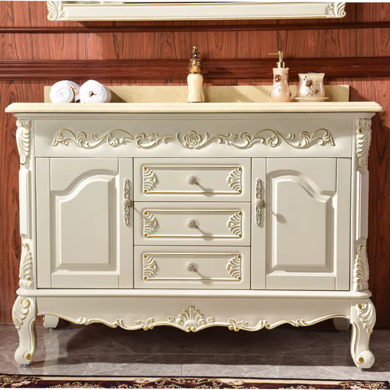 Armoire de salle de bain de Style européen, meuble de luxe léger en bois de chêne massif, lavabo du sol au plafond, Pot de Table en marbre, combinaison de bain