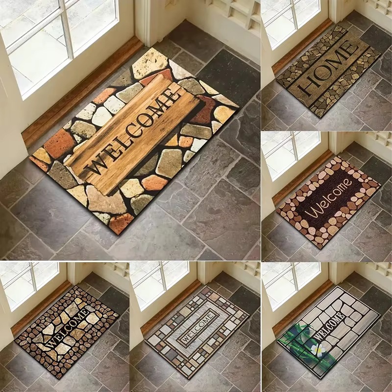 Tapis de porte à motif de pierre avec design de bienvenue pour la maison