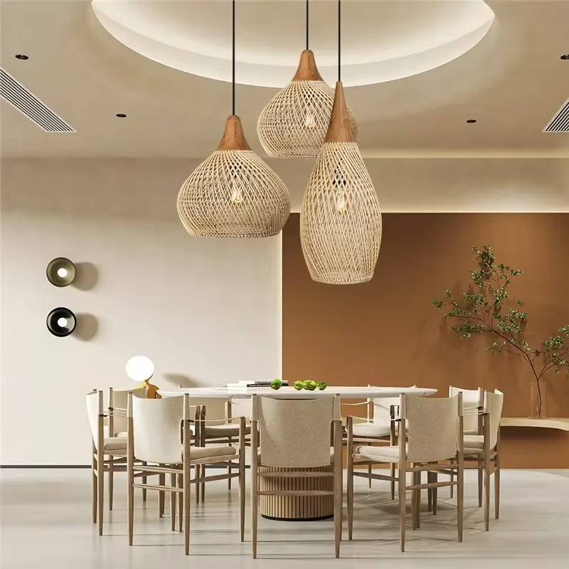 Lustre en rotin d'Asie du Sud-Est, style wabi-sabi, restaurant, maison d'hôtes, salon de thé, luminaire tissé à la main d'inspiration zen