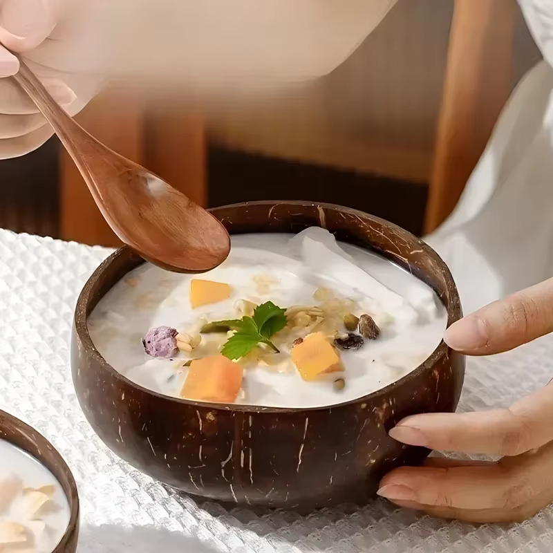 WIKHOSTAR bols à noix de coco pour servir des plats à salade en bois bol en coquille de noix de coco naturelle bol ustensiles de service fête de petit déjeuner