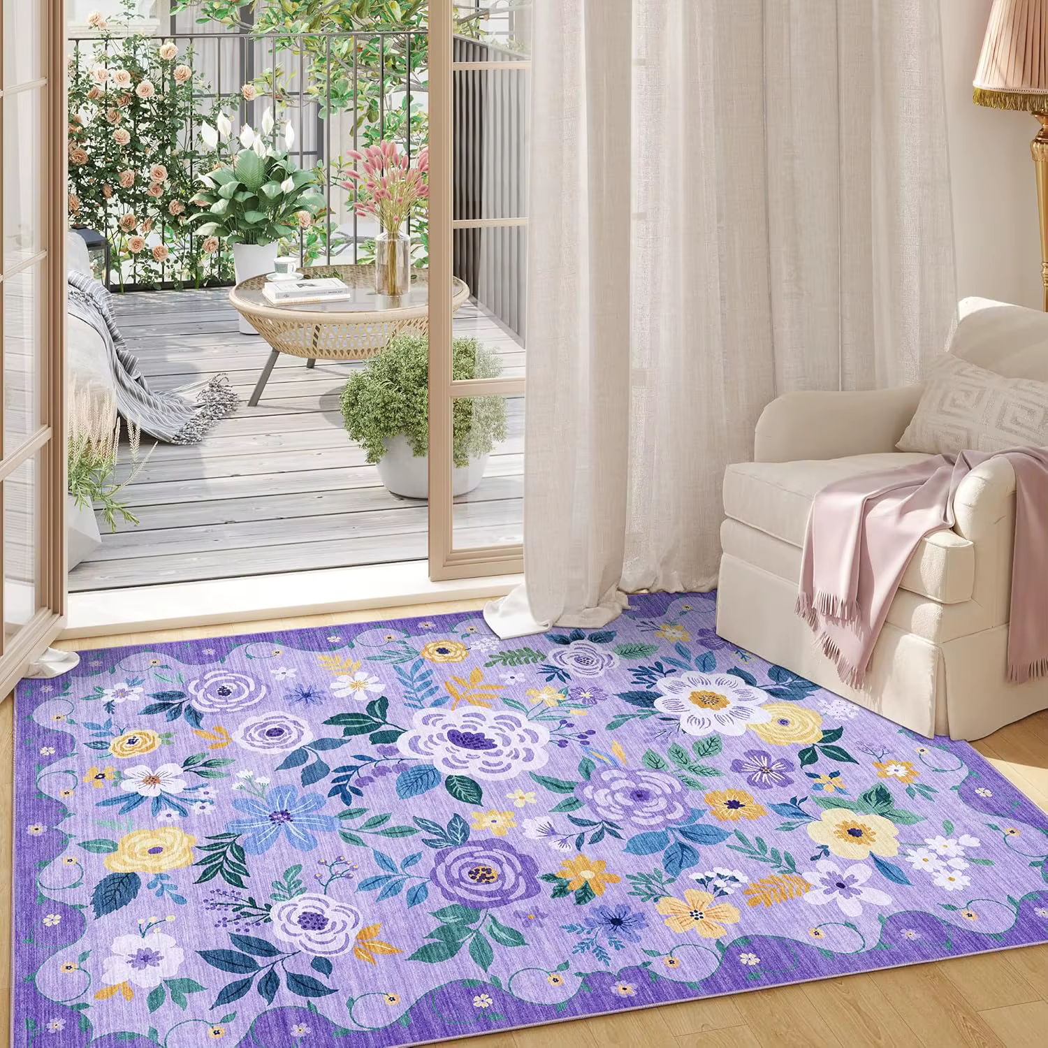 Tapis Bohème Floral Violet pour Salon