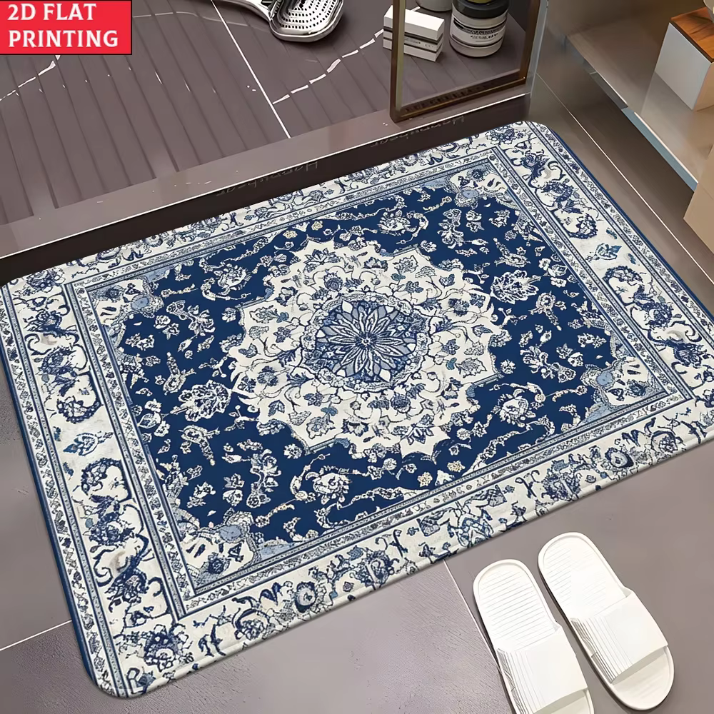 Tapis d'entrée vintage persan bleu et blanc Mandala