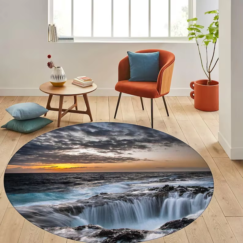 Tapis rond 3D effet océan bleu vert