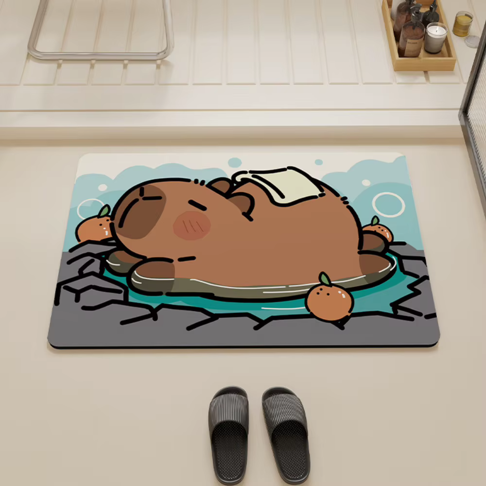 Tapis de sol de salle de bain Capybara mignon prenant un motif de bain