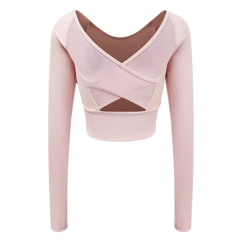 Haut de sport à manches longues pour femme, effet seconde peau, avec soutien-gorge intégré et design croisé en mesh sur le devant, idéal pour le yoga, le pilates et le fitness