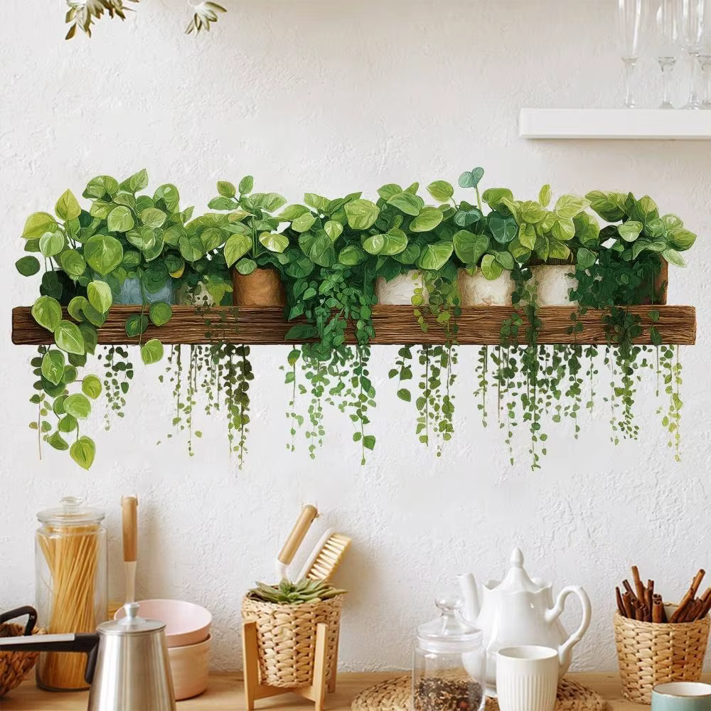Autocollants muraux en forme de panier suspendu avec plantes vertes pour la décoration du salon
