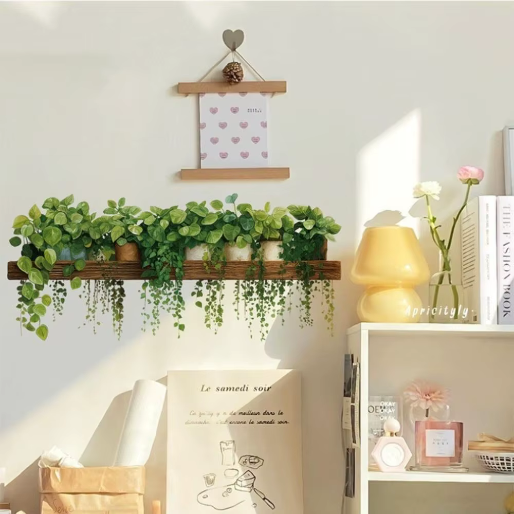 Autocollants muraux en forme de panier suspendu avec plantes vertes pour la décoration du salon