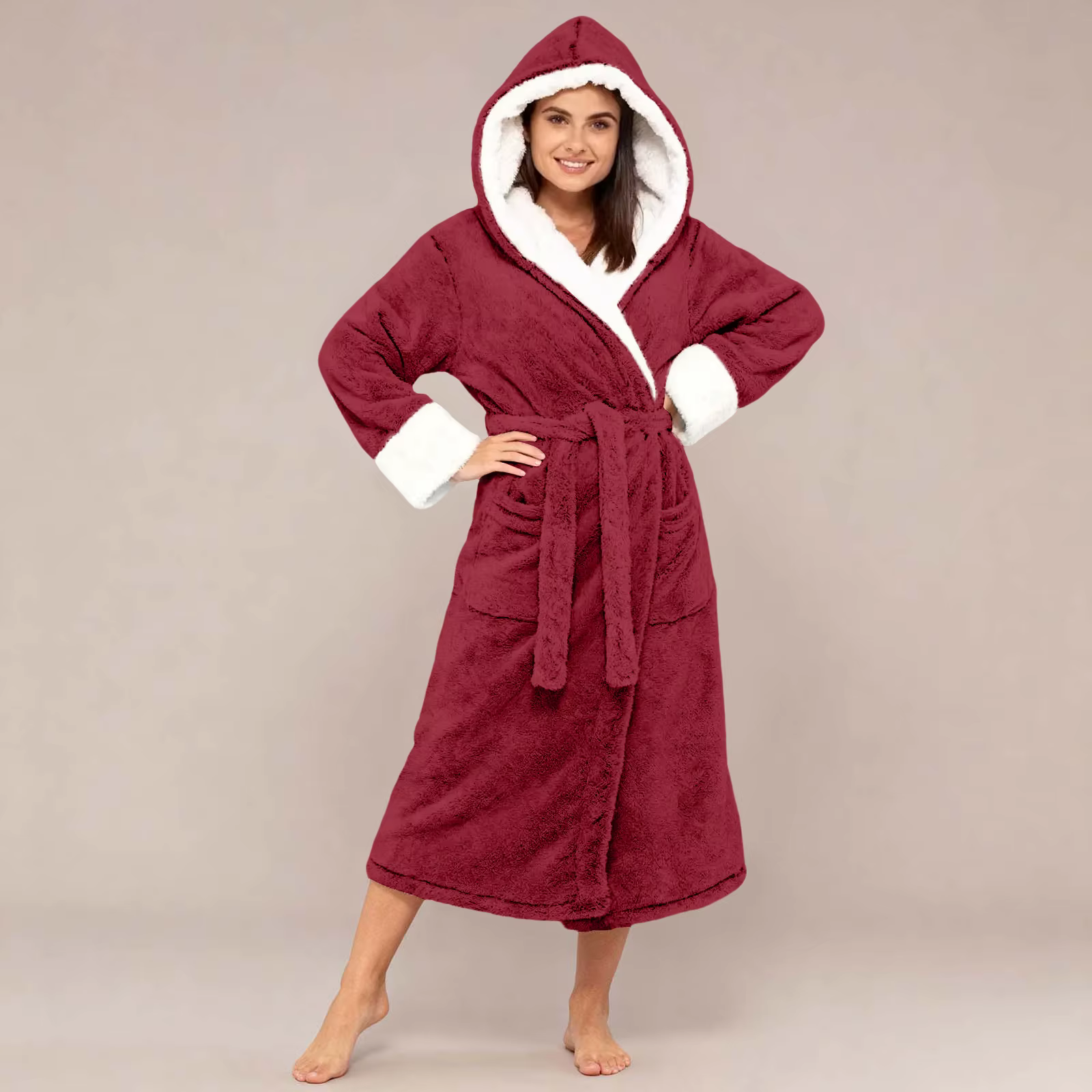 Peignoir à capuche pour femmes, taille réglable, chemise de nuit mi-longue, vêtements de maison pour dames, polaire épaisse, chaud à lacets, hiver