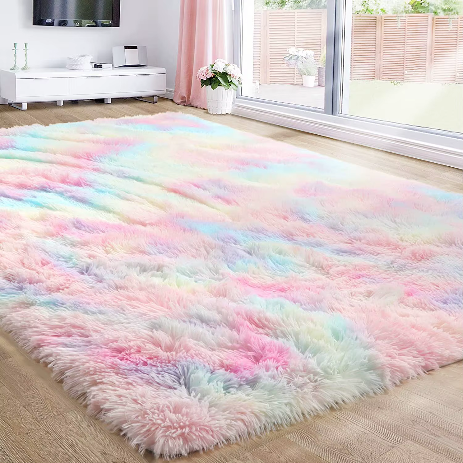 Tapis arc-en-ciel poilu pour chambre d'enfants