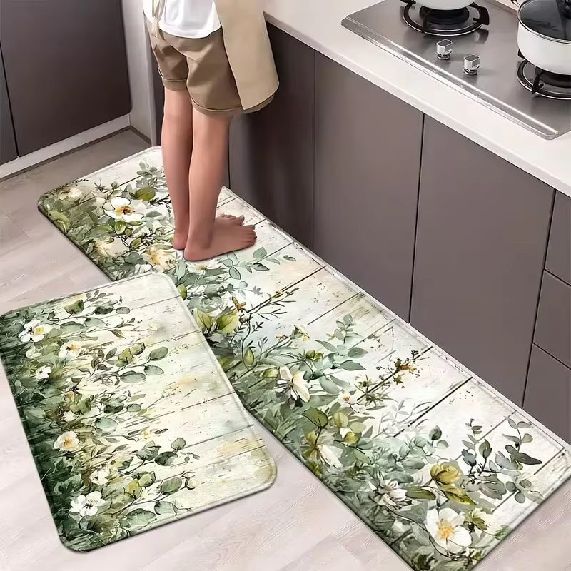Un tapis de sol de cuisine floral vert avec un antidérapant pour une utilisation dans le bureau à domicile