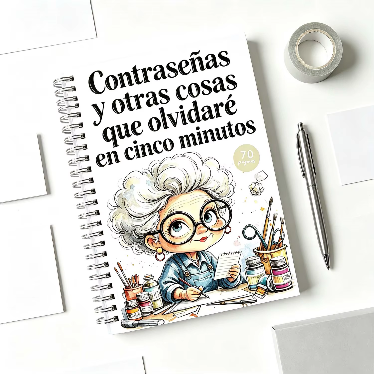 Carnet à spirales sur le thème d'une vieille dame de dessin animé, en espagnol, pour enregistrer des informations et organiser des notes.