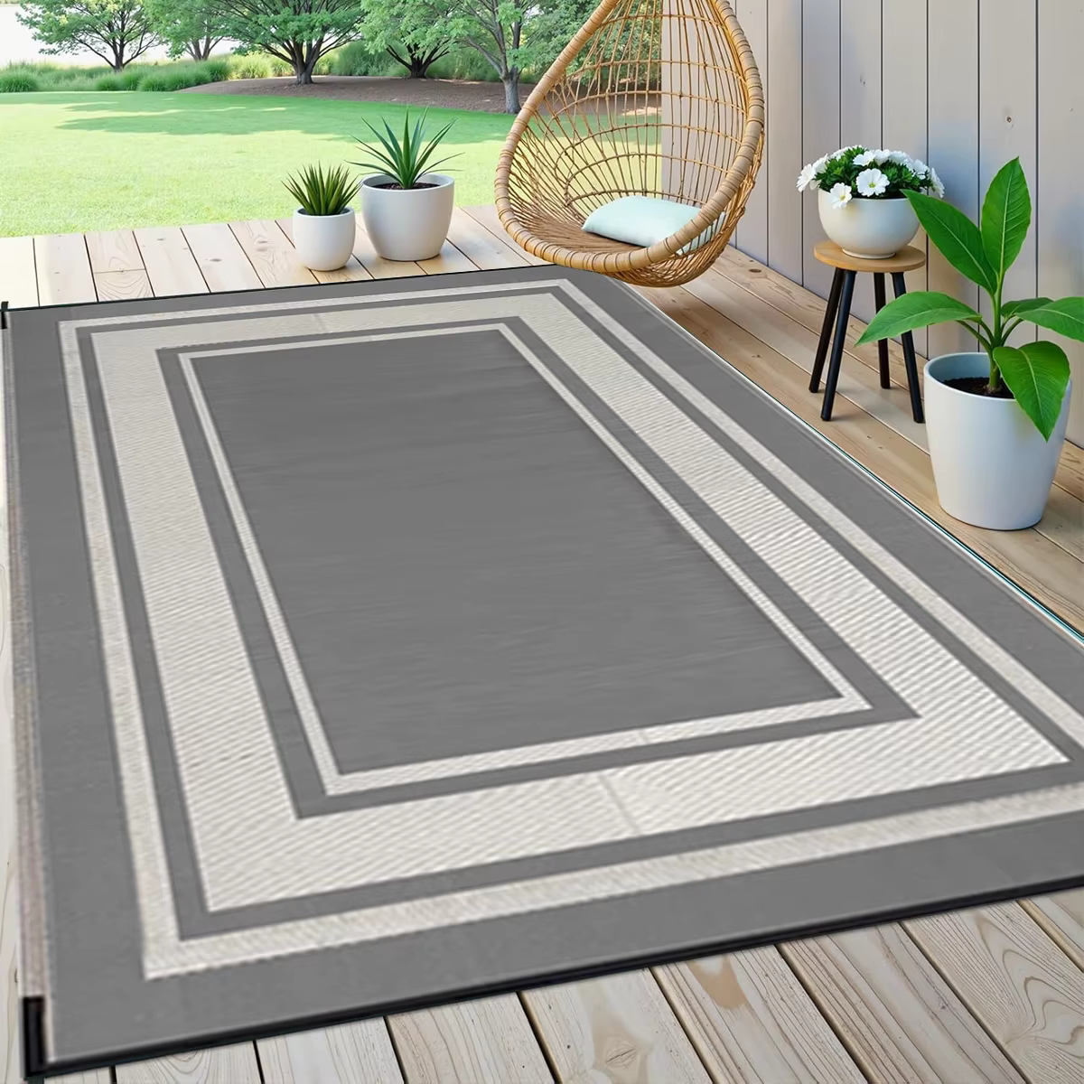Tapis d'extérieur RURALITY imperméable pour patio, grand tapis en paille plastique pour camping, véranda, camping-car, réversible gris et blanc