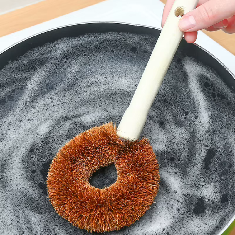 Ensemble de brosses pour casseroles en Fiber de noix de coco, 2 pièces, avec manche Long et poignée en bois, ustensiles de cuisine doux, huile antiadhésive, épurateur de casseroles de cuisine Durable