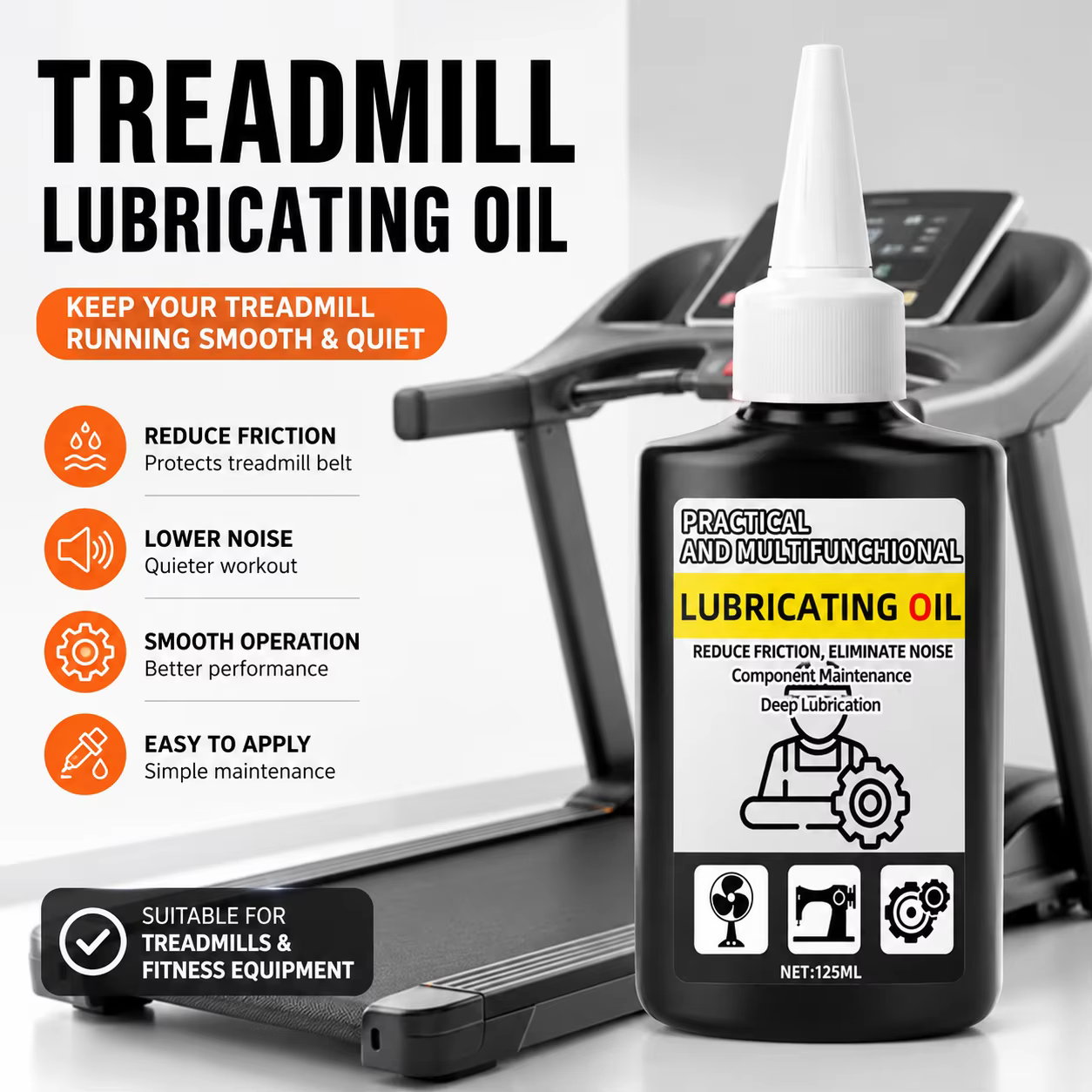 Huile lubrifiante pour tapis roulant, 125ml, 100% silicone, réduit le bruit, la friction, résistant à l'usure, pour l'entretien des équipements de fitness