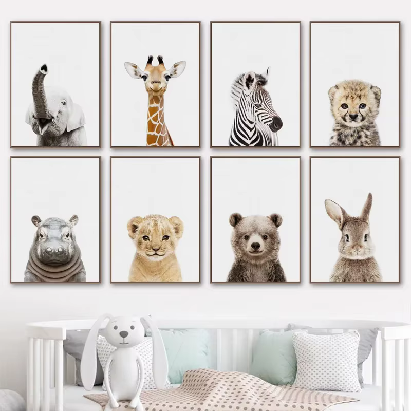 Toile murale avec animaux pour chambre de bébé, peinture d'éléphant, girafe, ours, imprimés d'art mural, affiche d'art nordique pour chambre d'enfant, décor de pépinière