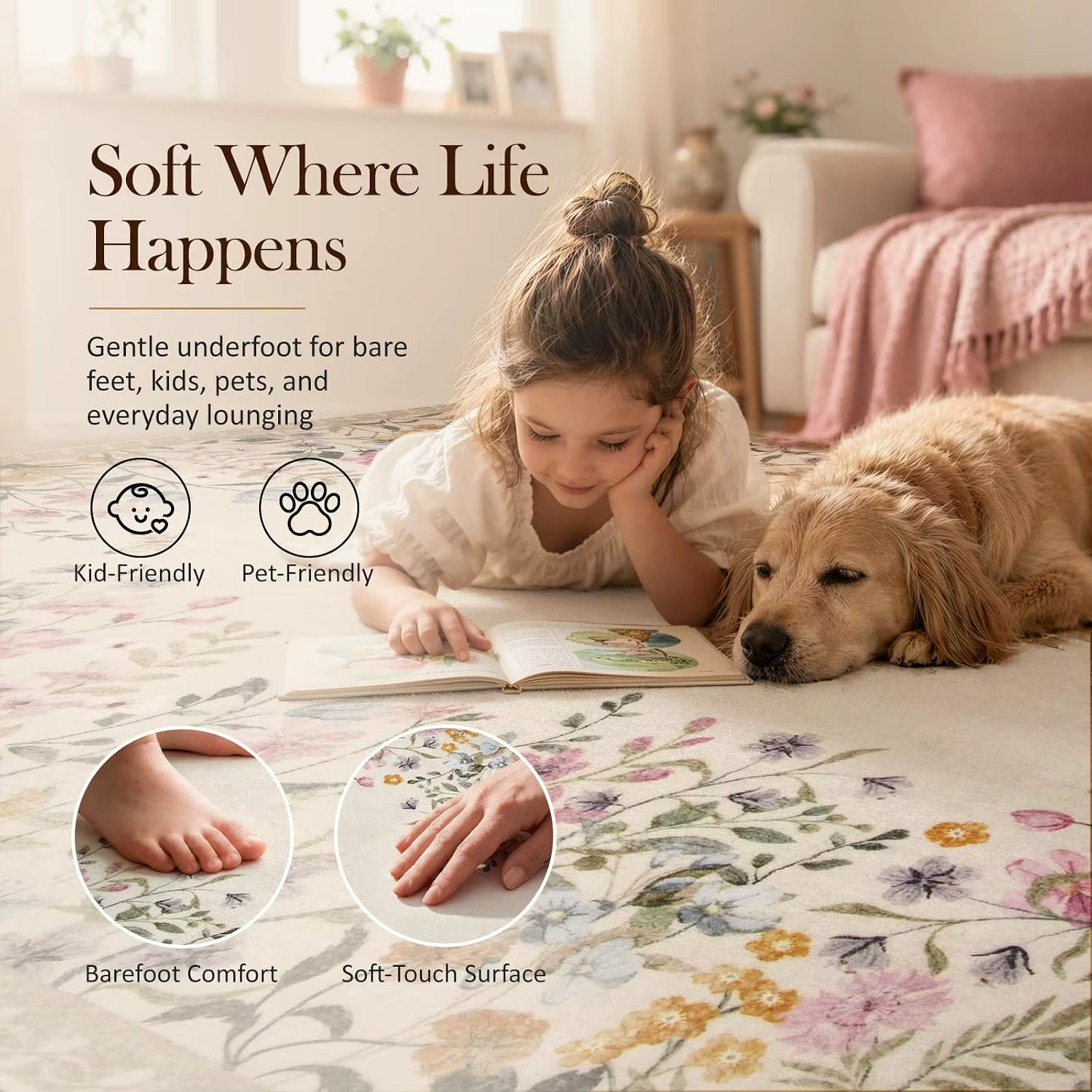 Tapis floral beige, tapis lavable antidérapant pour salon, chambre à coucher, décoration d'intérieur botanique polyvalente