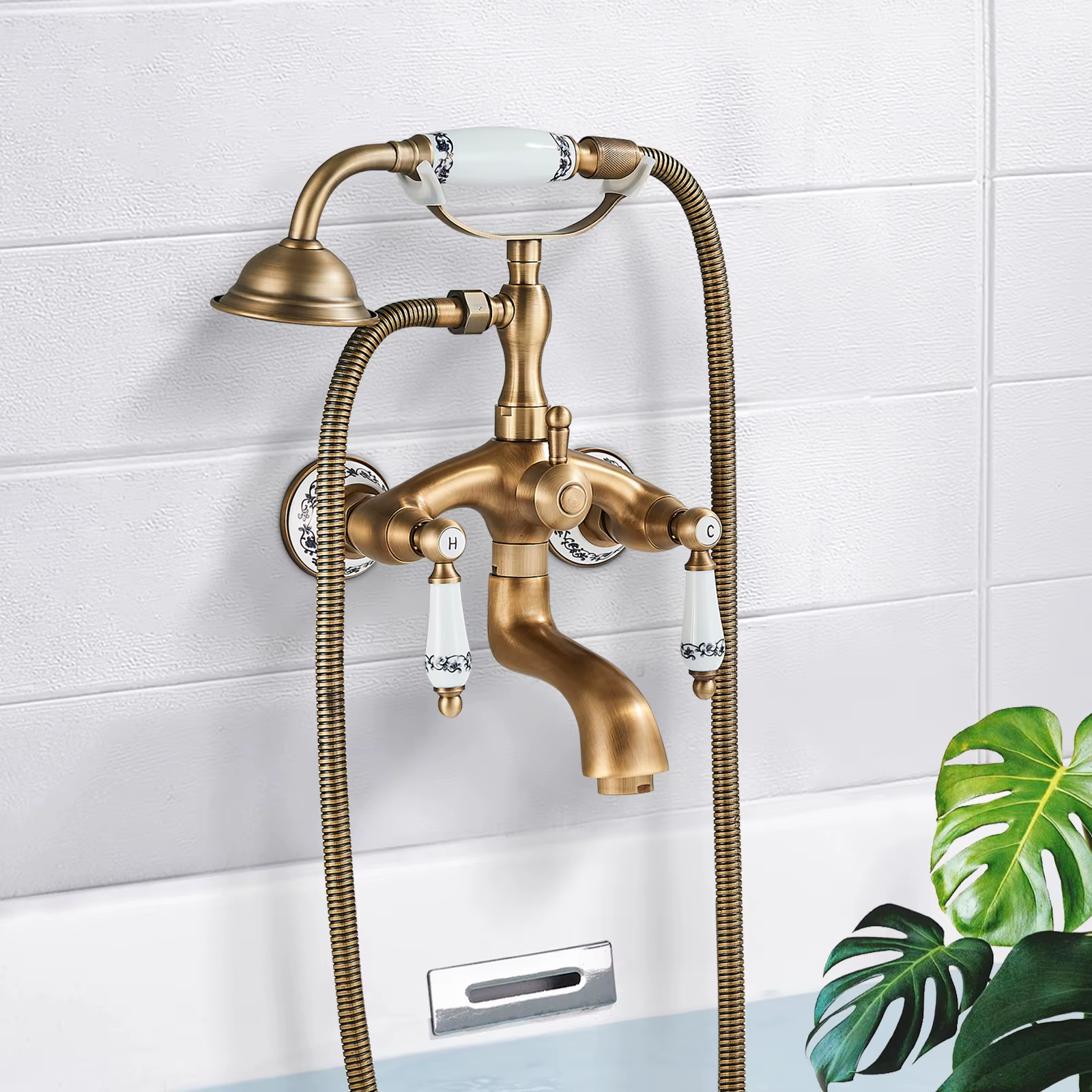 Robinet de baignoire-douche européen rétro avec douchette à main en céramique, poignée Daul, mélangeur d'eau froide et chaude, robinet de baignoire de salle de bains
