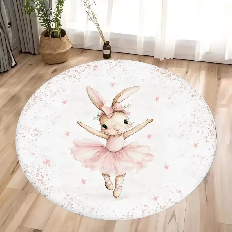 Tapis circulaire rose à motif de lapin de dessin animé