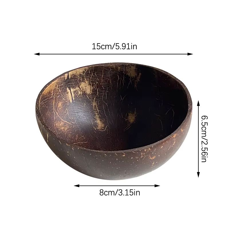 Bol en noix de coco naturel, bols en noix de coco faits à la main en bois pour la table, fourchette et cuillère pour dessert, salade de fruits, mélange de riz
