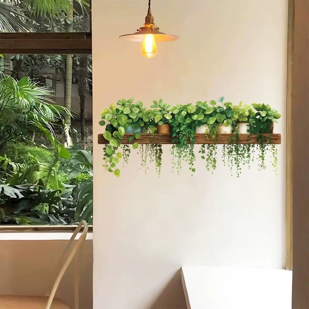 Autocollants muraux en forme de panier suspendu avec plantes vertes pour la décoration du salon