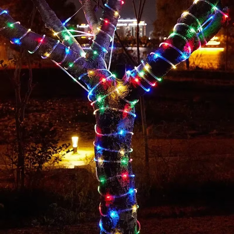 Lumières de tube de LED à énergie solaire, guirlandes lumineuses de jardin imperméables extérieures, lumières de décoration d'ambiance de noël de cour de balcon