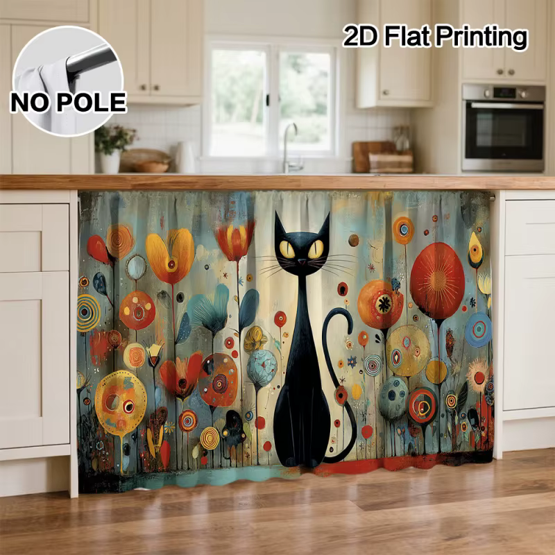 Rideaux de cuisine VIKAMA avec motifs de chats et de fleurs colorées