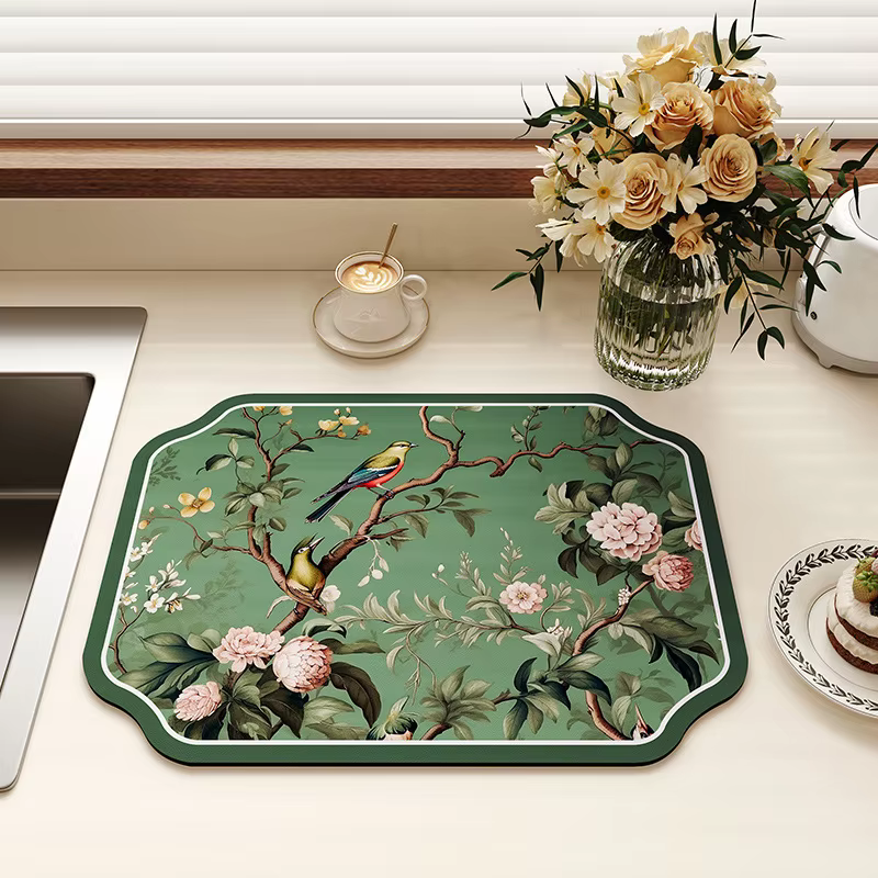 Tapis égouttoir vert rétro pour comptoir de cuisine